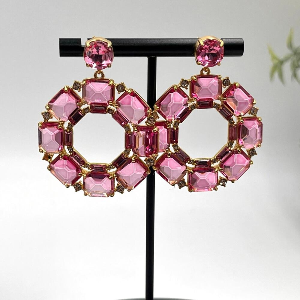 J. crew Faceted-crystal Regal Rose Pink hoop‎ Door Knocker earrings